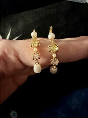 Gold Pearl Drop Earrings with Yellow and Pink Floral Shaped Stones